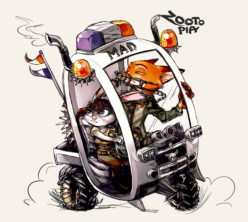 crossover, disney, fox, imperator_furiosa_(cosplay), judy_hopps, mad_max, mad_max:_fury_road, max_rockatansky_(cosplay), nick_wilde, rabbit, simple_background, tagme, tsuyuxxx, zootopia