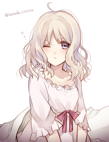 1girl, blonde_hair, blush, breasts, closed_mouth, collarbone, curly_hair, diabolik_lovers