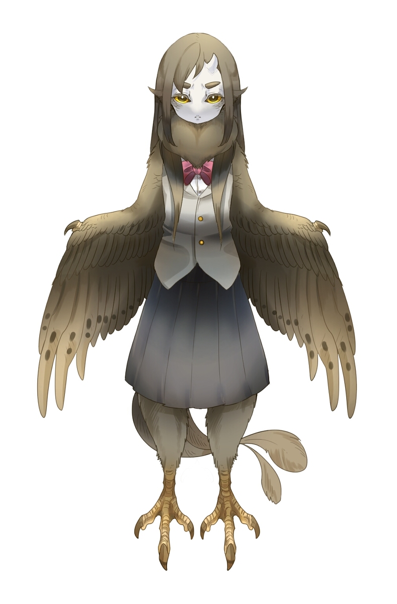 1girl, bachikin_(kingyo155), feathers, female, harpy, horns, monster_girl, no_nose
