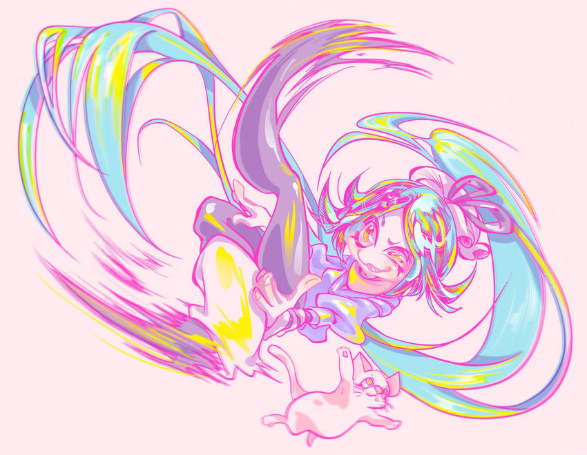 alternative_color, bleach, cat, colorful, flying_kick, glossy, hair_ornament, highres, kicking, long_hair, midair, multicolored_clothes, multicolored_hair, multicolored_legwear, parody, pink_background, ponytail, shihouin_yoruichi, smile, style_parody, tied_hair, white_cat, yellow_eyes