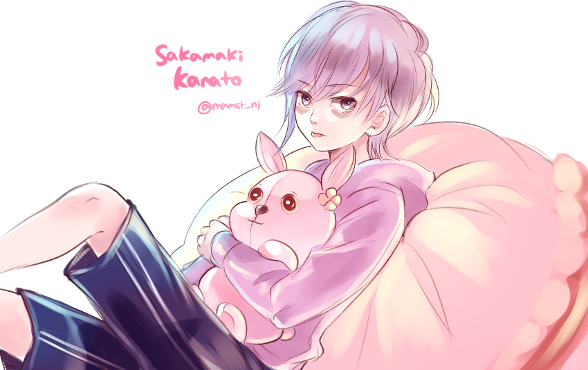 1boy, bags_under_eyes, character_name, child, diabolik_lovers, flower, frown, hug