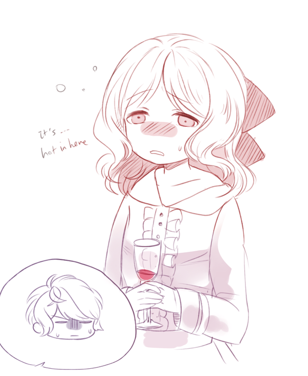 1boy, 1girl, alcohol, blush, chibi, child, collarbone, curly_hair
