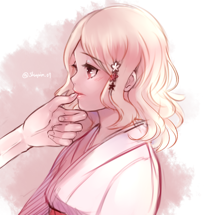 1girl, blonde_hair, blush, diabolik_lovers, finger_to_mouth, flower, hair_ornament, hairpin