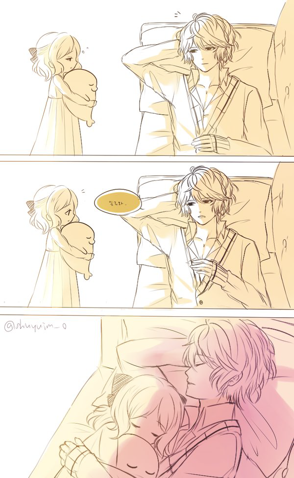 1boy, 1girl, age_difference, arm_support, cardigan, carrying, child, closed_eyes, collarbone, comic, couch, cowboy_shot, diabolik_lovers, dress, eye_contact, hair_ornament, hair_ribbon, half-closed_eyes, komori_yui, looking_at_another, lying, manmosu, monochrome, open_mouth, petite, pillow, pink, profile, ribbon, sakamaki_shuu, simple_background, size_difference, sleeping, sleepy, stuffed_toy, upper_body, white_background, yellow, younger