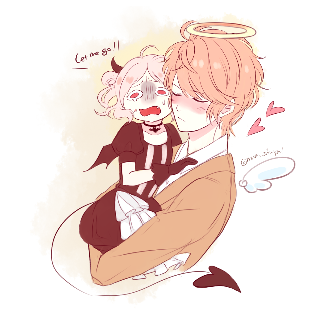 1boy, 1girl, age_difference, alternate_hairstyle, angel, angel_wings, bat_wings, blonde_hair