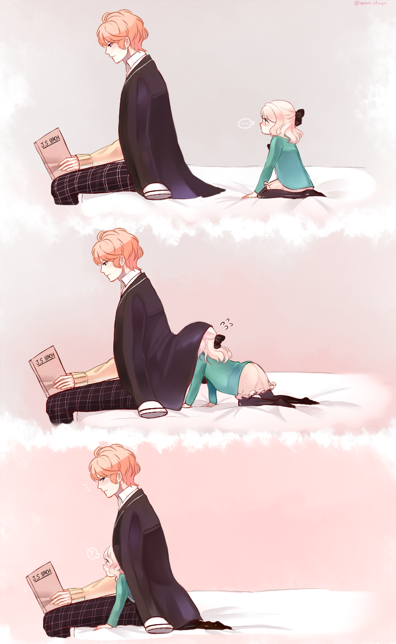 ..., 1boy, 1girl, ?, age_difference, all_fours, bed, black_legwear, blonde_hair, blush, book, child, closed_mouth, comic, diabolik_lovers, flying_sweatdrops, from_side, full_body, hair_ornament, hair_ribbon, half-closed_eyes, jacket, komori_yui, looking_at_another, manmosu, open_mouth, pantyhose, petite, profile, reading, red_eyes, ribbon, sakamaki_shuu, school_uniform, simple_background, sitting, size_difference, skirt, twitter_username, under_clothes, uniform, younger