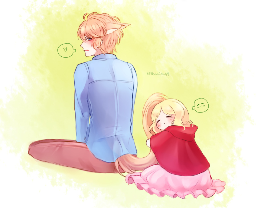 1boy, 1girl, ?!, big_bad_wolf_(cosplay), blonde_hair, blue_eyes, blue_jacket, blush