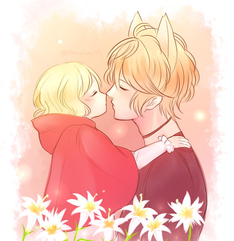 1boy, 1girl, adam's_apple, age_difference, big_bad_wolf_(cosplay), black_shirt, blonde_hair, blush