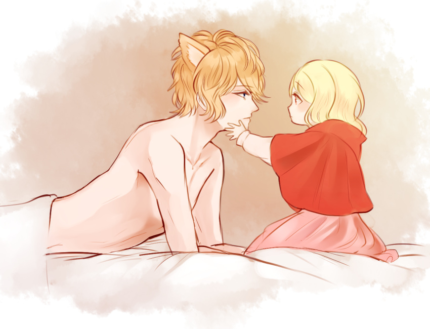 1boy, 1girl, age_difference, arm_support, bed, big_bad_wolf_(cosplay), blonde_hair, blue_eyes, blush, cape, child, closed_mouth, collarbone, cosplay, diabolik_lovers, dress, from_side, full_body, hands_on_another's_face, hood, komori_yui, little_red_riding_hood, little_red_riding_hood_(cosplay), looking_at_another, lying, manmosu, petite, profile, red_eyes, sakamaki_shuu, sheets, shirtless, simple_background, sitting, size_difference, upper_body, wolf_ears, younger