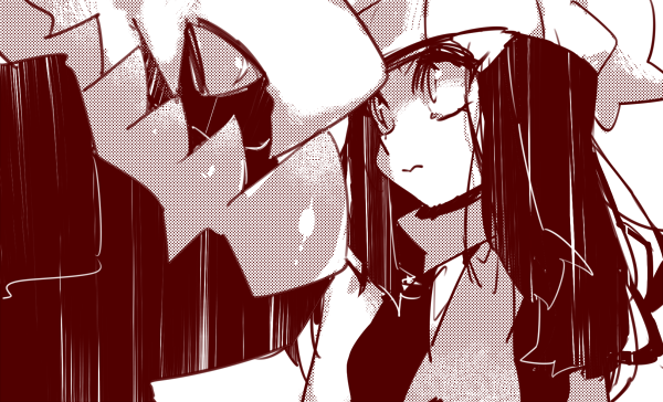 1girl, darkrai, female, hat, hikari_(pokemon), monochrome, nintendo, noni-nani