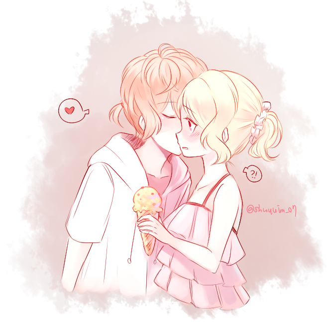 1boy, 1girl, ?!, alternate_costume, alternate_hairstyle, bare_arms, blonde_hair, blush