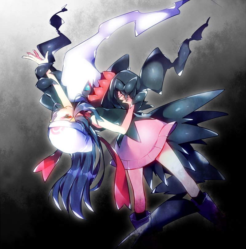 1girl, bare_legs, blue_eyes, blue_hair, dancing, darkrai, hikari_(pokemon), long_hair