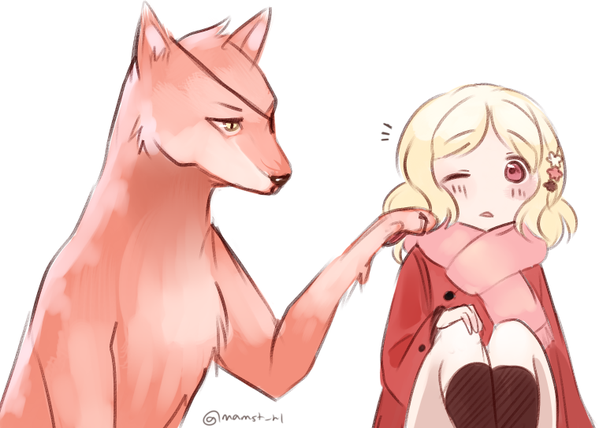 1boy, 1girl, animal, animalization, blonde_hair, blush, calf_socks, child, coat, diabolik_lovers, eyepatch, flower, fur, hair_ornament, hairpin, knees_up, komori_yui, looking_at_another, manmosu, one_eye_closed, open_mouth, petite, pink_eyes, scarf, simple_background, sitting, size_difference, tsukinami_shin, twitter_username, upper_body, wolf, yellow_eyes, younger