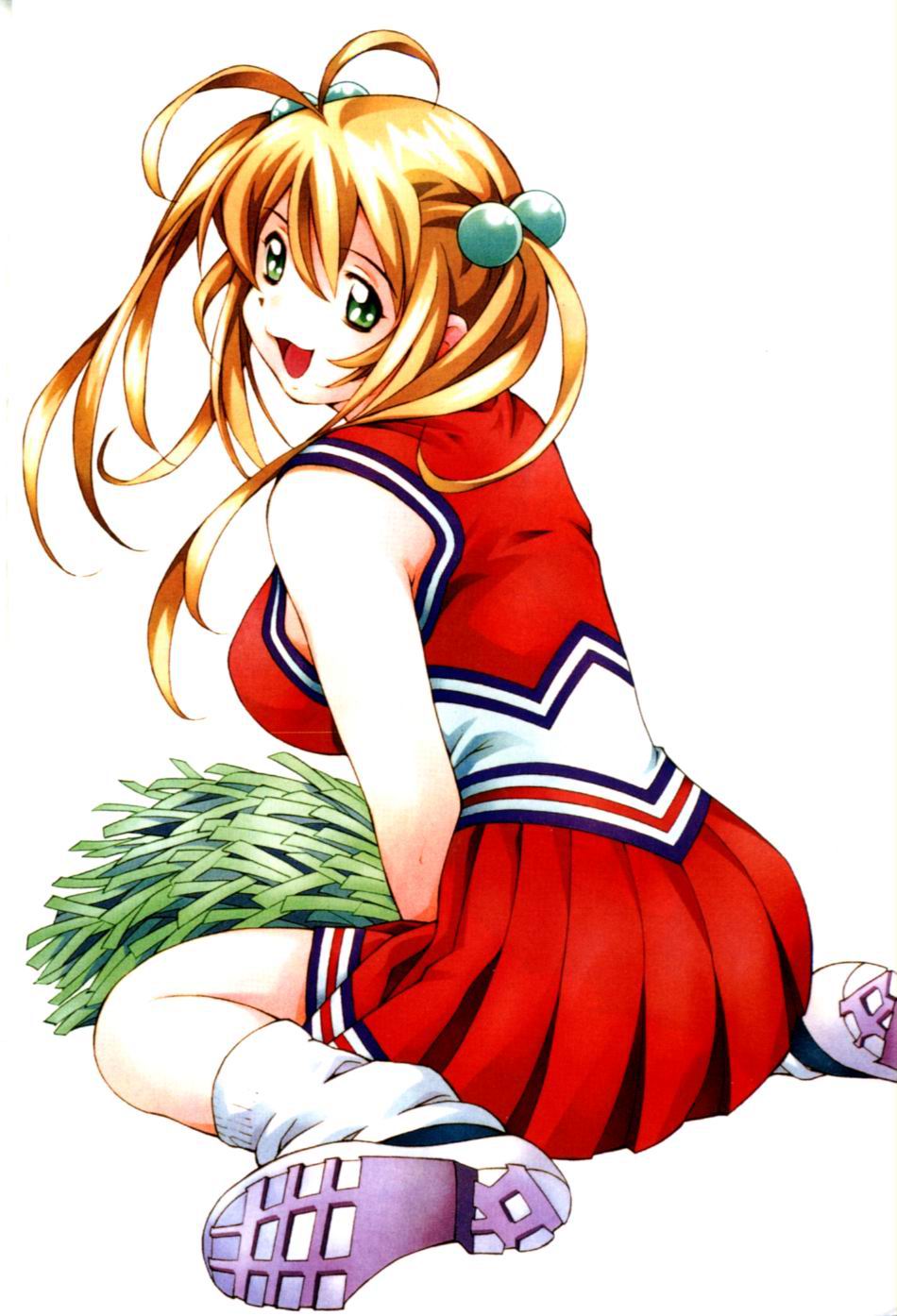 :d, antenna_hair, bangs, blonde_hair, breasts, cheerleader, crease, from_behind