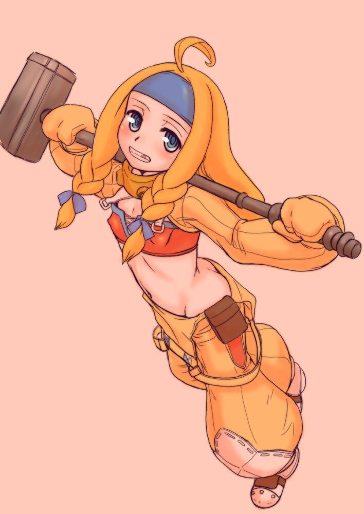 1girl, ahoge, ass, baggy_pants, blonde_hair, blue_eyes, blush, braid, butt_crack, crafting_shop_daughter_(monster_hunter), erect_nipples, female, flat_chest, from_above, hammer, headband, midriff, missing_tooth, monster_hunter, monster_hunter_4, naoki_(shibu_asa_ryo), navel, no_panties, overalls, solo, standing, tubetop, twin_braids