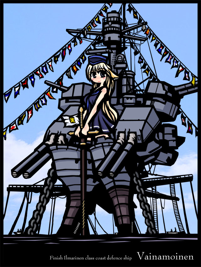 1girl, 8touhei, black_border, blonde_hair, blue_eyes, border, chains, character_name, dress, finnish_naval_jack, finnish_navy, flag, flags_of_all_nations, full_body, gun, hat, lipstick, long_hair, makeup, mecha_musume, naval_flag, necktie, no_nose, original, partially_submerged, personification, sailor_dress, sailor_hat, ship, smile, solo, standing, sword, turret, uniform, vainamoinen_(ship), water, watercraft, weapon