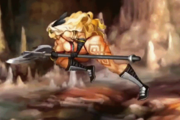 1girl, amazon, amazon_(dragon's_crown), animated, animated_gif, ass, axe, bikini, blonde_hair, boots, bouncing_breasts, breasts, cave, dragon's_crown, feather, female, gloves, hips, holding, holding_weapon, indoors, large_breasts, long_boots, long_hair, muscle, running, solo, swimsuit, swinging_breasts, tattoo, thick_thighs, thighs, vanillaware, weapon, wide_hips