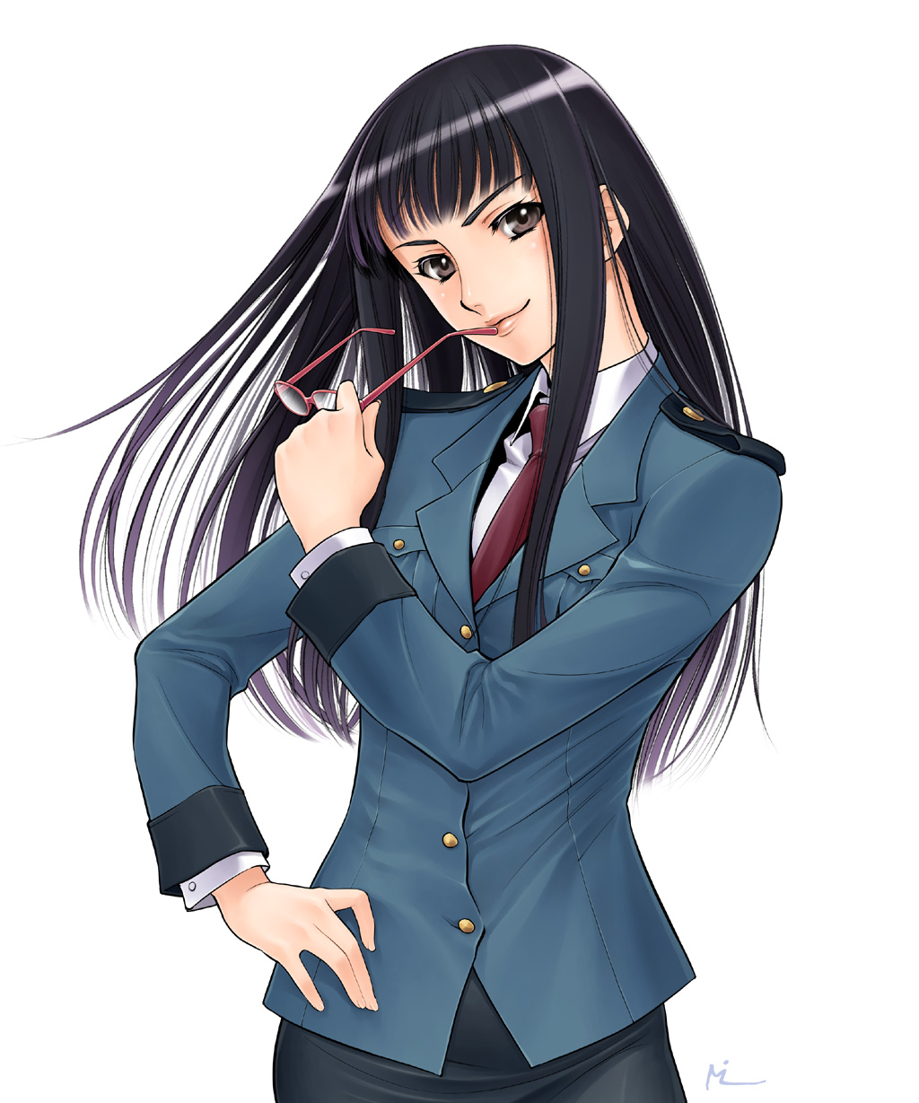 black_hair, blunt_bangs, brown_eyes, glasses, hand_on_hip, highres, hime_cut, holding