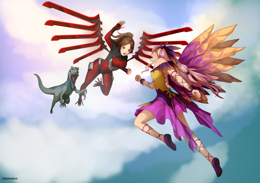 battle, blue_(jurassic_park), clouds, crossover, guilty_crown, jurassic_world, ouma_mana, shinomiya_ayase