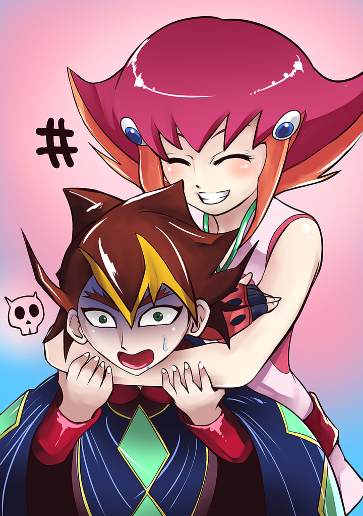 1boy, 1girl, blonde_hair, blush, brown_hair, green_eyes, grin, hug, hug_from_behind, kouzuki_allen, kouzuki_anna, multicolored_hair, orange_hair, redhead, short_hair, tagme, yellow_eyes, yu-gi-oh!, yuu-gi-ou_arc-v, yuu-gi-ou_zexal