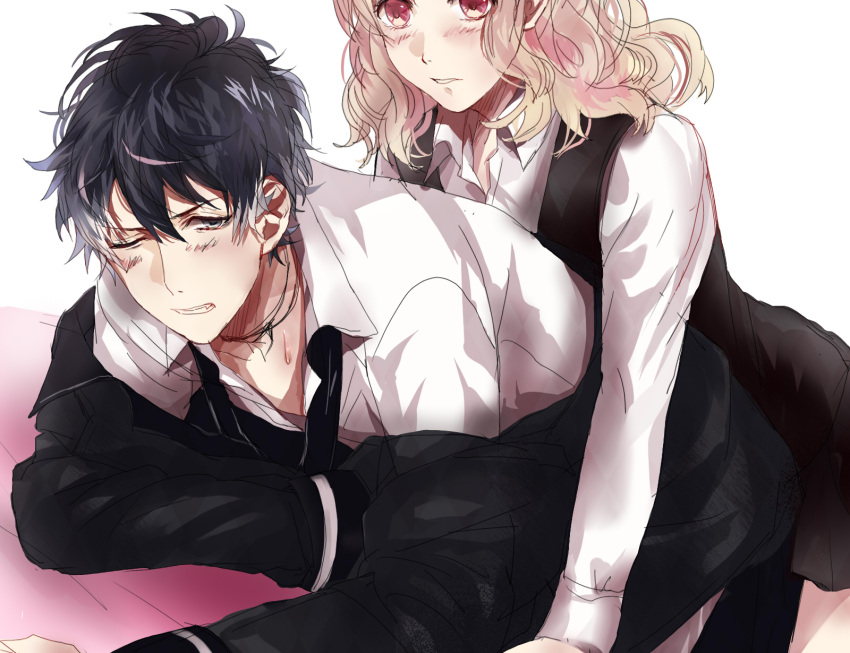 1boy, 1girl, arm_support, bent_over, black_hair, blonde_hair, blush, clenched_teeth, diabolik_lovers, ewmeto, fang, hetero, jacket, jewelry, komori_yui, looking_at_another, looking_at_viewer, loose_clothes, mukami_ruki, necklace, necktie, one_eye_closed, open_mouth, petite, pink_eyes, role_reversal, school_uniform, sexually_suggestive, shirt, simple_background, skirt, tareme, teeth, uniform, vampire, white_background