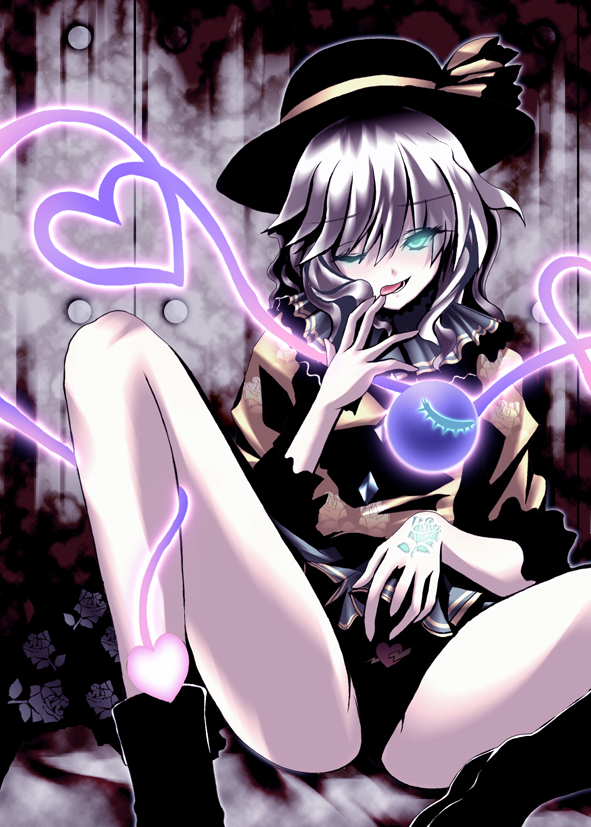 1girl, aqua_eyes, hadakamieru, hat, komeiji_koishi, spread_legs, third_eye, tongue