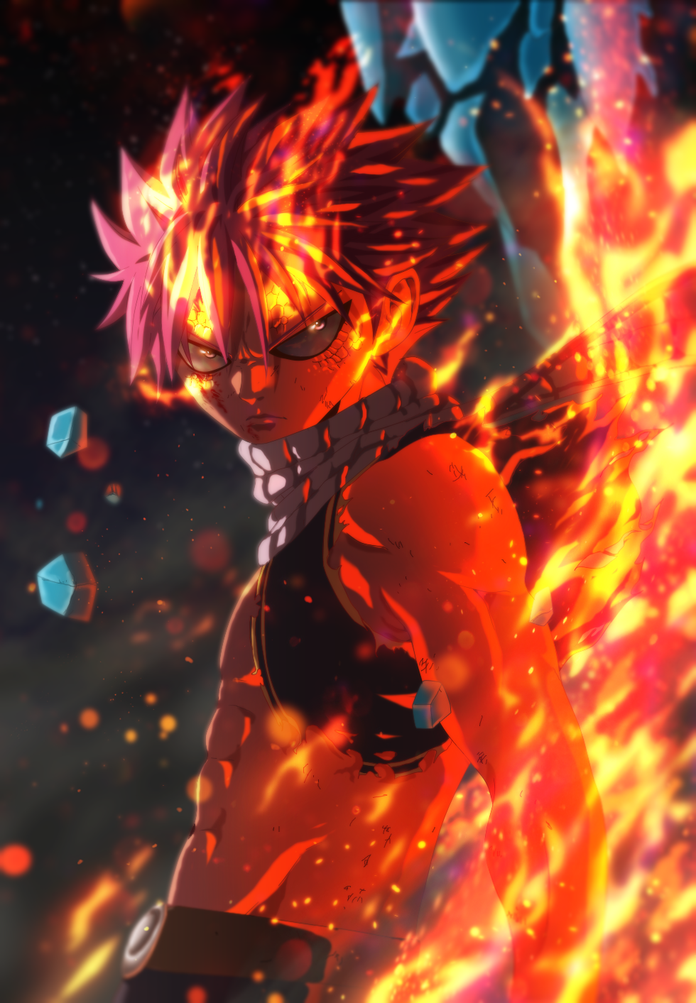 1boy, abs, asymmetrical_clothes, cave, epic, fairy_tail, fire, flame