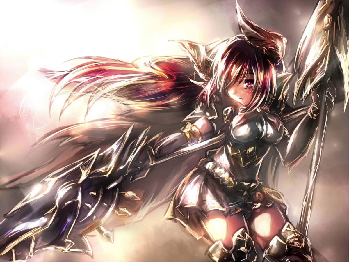 1girl, armor, belt, blush, bow, bowtie, breastplate, breasts, broken_armor, brown_hair, doraf, elbow_gloves, forte_(shingeki_no_bahamut), gloves, granblue_fantasy, horns, lance, long_hair, medium_breasts, open_mouth, pauldrons, pointy_ears, polearm, radical_red, red_eyes, shingeki_no_bahamut, skirt, solo, thigh-highs, weapon