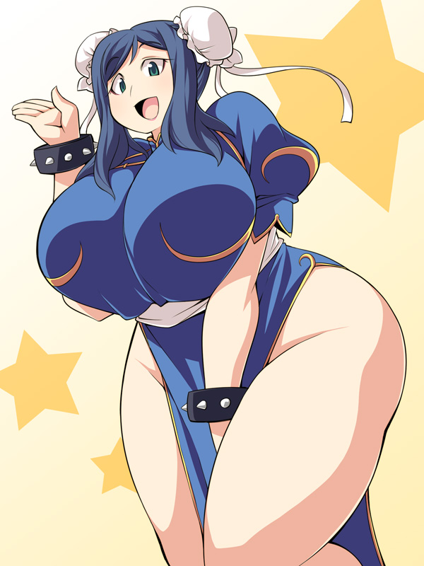 1girl, aqua_eyes, blue_hair, bracer, breasts, chinese_clothes, chun-li, cosplay, curvy, female, gundam, gundam_build_fighters, hair_bun, huge_breasts, iori_rinko, long_hair, looking_at_viewer, milf, no_panties, open_mouth, pantyhose, plump, smile, solo, standing, street_fighter, sunrise_(company), thick_thighs, thighs, ushi, wide_hips
