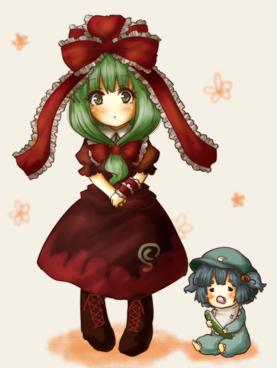 2girls, =_=, arm_ribbon, baby, bib, blue_hair, blush, boots, cabbie_hat, cucumber, floral_background, frilled_ribbon, frills, full_body, green_eyes, green_hair, hair_ribbon, hands_together, hat, kagiyama_hina, kawashiro_nitori, long_hair, looking_at_viewer, maroon_dress, multiple_girls, pacifier, pajamas, ribbon, short_eyebrows, short_hair, short_sleeves, sitting, standing, tikano, touhou, two_side_up, younger
