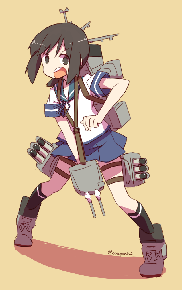 >:o, 1girl, :o, black_eyes, black_hair, coupon_(skyth), fubuki_(kantai_collection), full_body