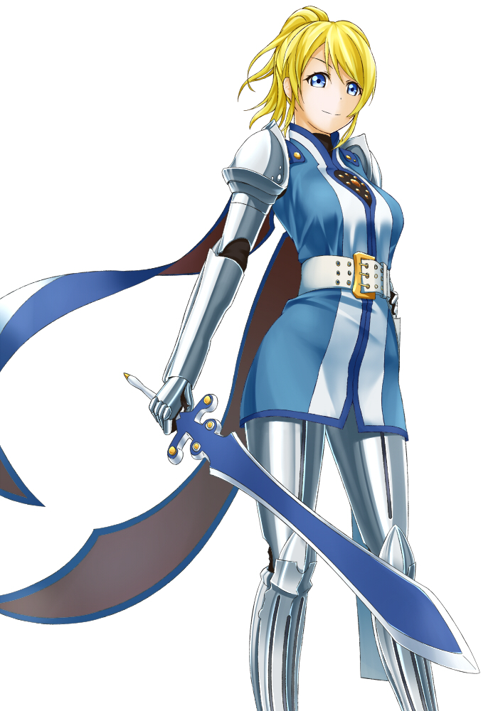 >:), 1girl, armor, ayase_eli, belt, blonde_hair, blue_eyes, flynn_scifo