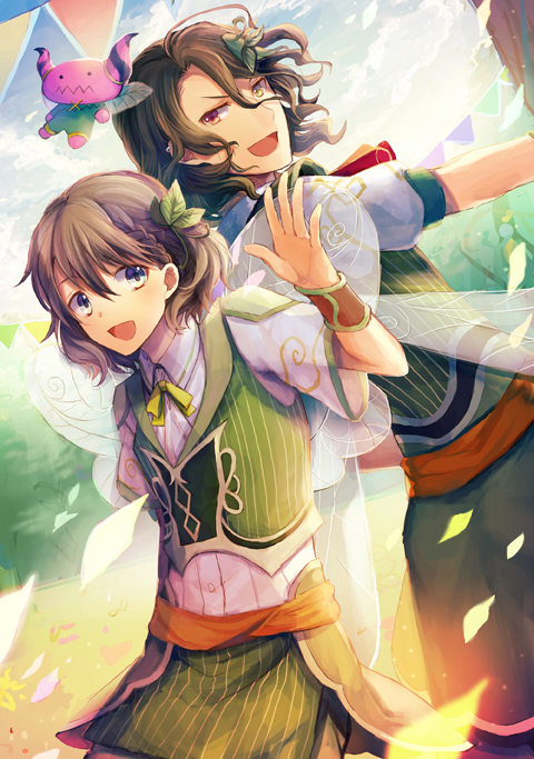 2boys, alternate_costume, asselin_bb_ii, black_hair, bracer, braid, earrings, fairy_wings