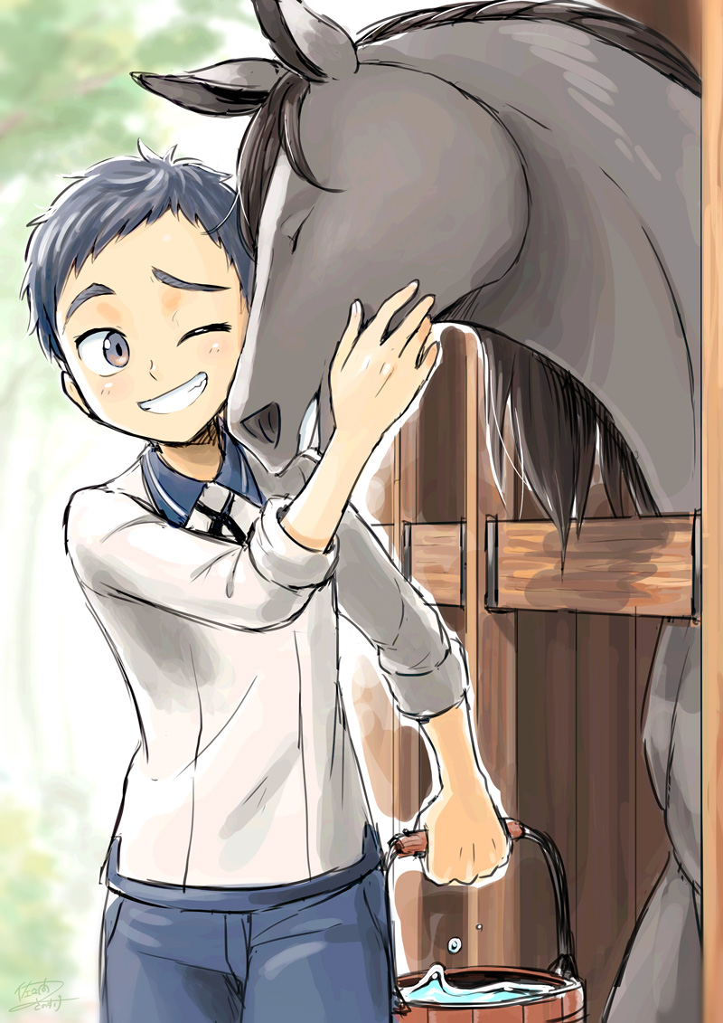 1boy, animal, atsushi_toushirou, blue_hair, bucket, cowboy_shot, eyebrows, grin