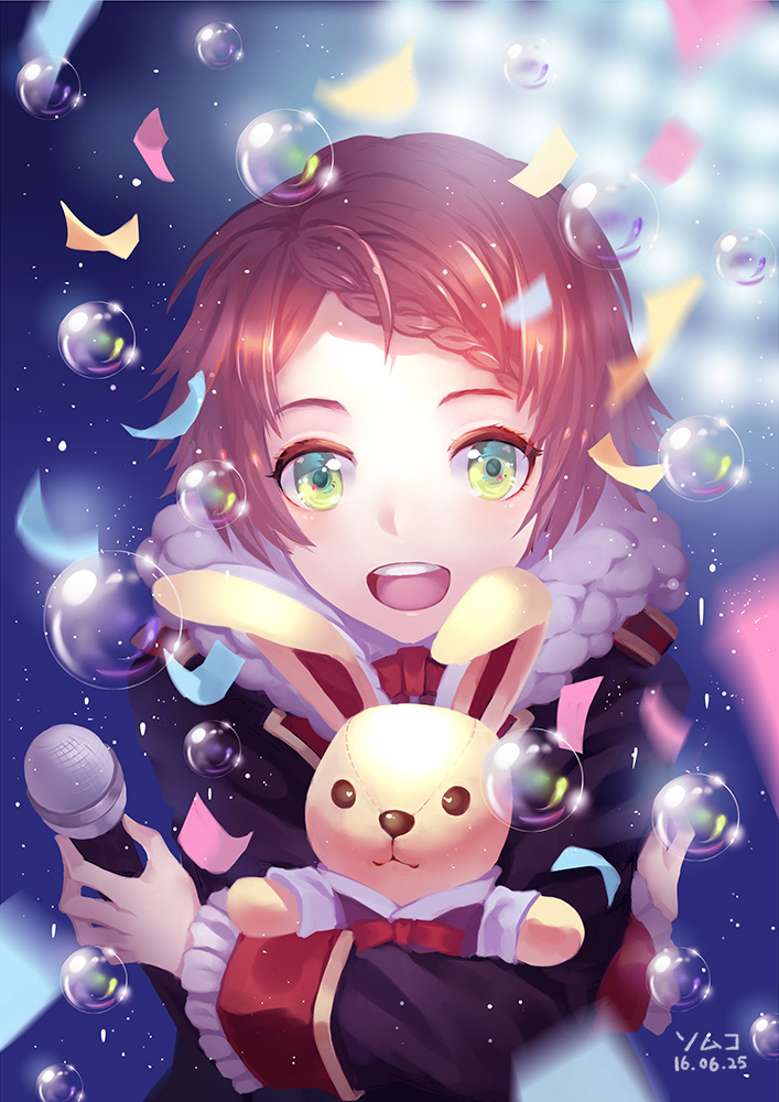 1boy, artist_name, blush, braid, brown_hair, bubble, confetti, dated, green_eyes, i-chu, male_focus, mimiz, minato_kanata, open_mouth, short_hair, single_braid, smile, solo, stuffed_animal, stuffed_bunny, stuffed_toy