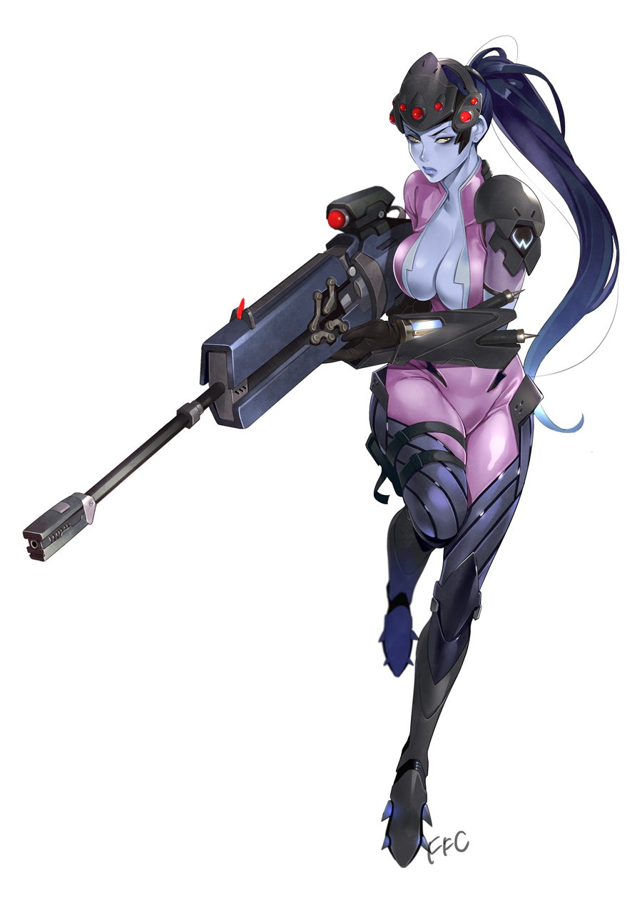 1girl, artist_name, bodysuit, breast_squeeze, breasts, ffc, full_body, gloves, gun, head_mounted_display, highres, large_breasts, lips, long_hair, looking_at_viewer, overwatch, ponytail, purple_hair, purple_skin, rifle, running, signature, simple_background, sniper_rifle, solo, very_long_hair, visor, weapon, white_background, widowmaker_(overwatch), yellow_eyes