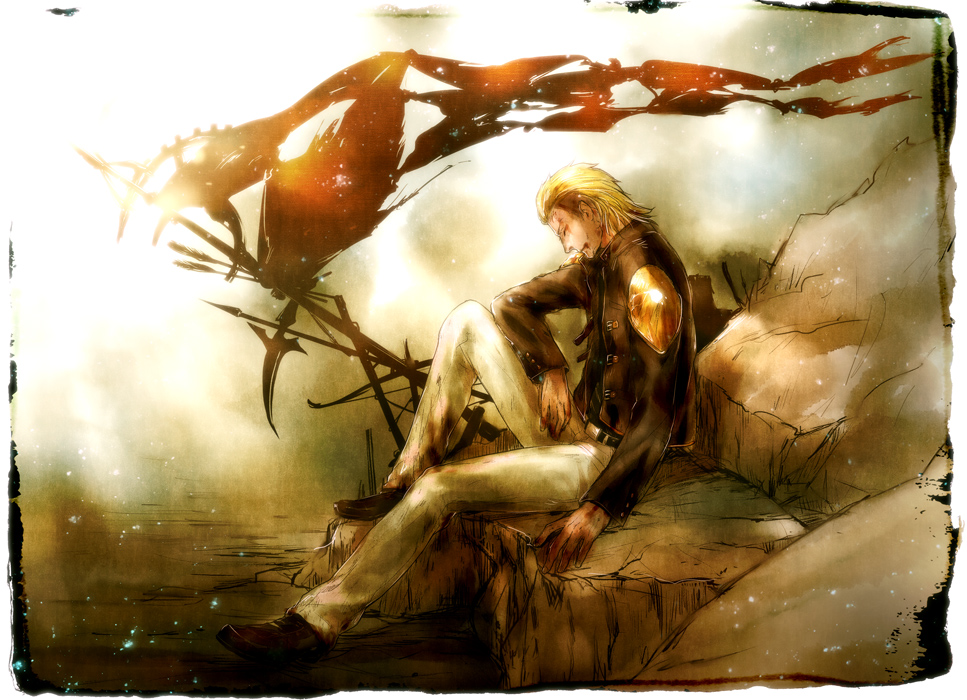 1boy, blonde_hair, blood, closed_eyes, final_fantasy, final_fantasy_type-0, injury, king_(fft-0)