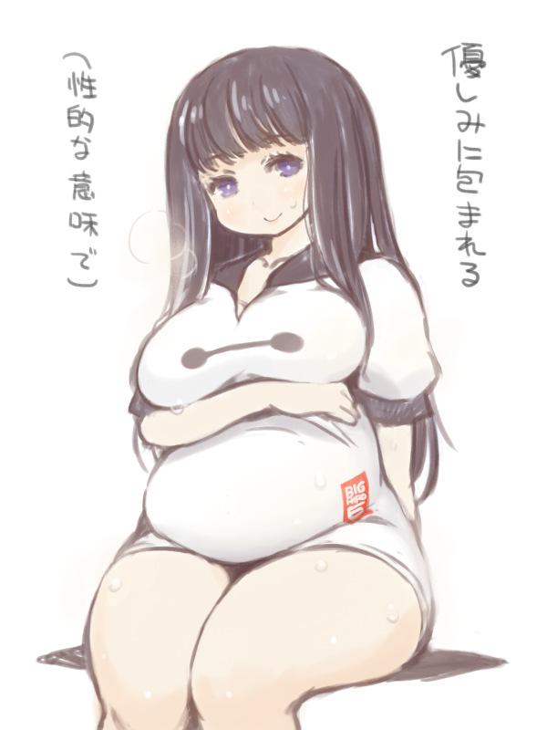1girl, baymax, baymax_(cosplay), big_hero_6, black_hair, blush, borrowed_character, breast_hold