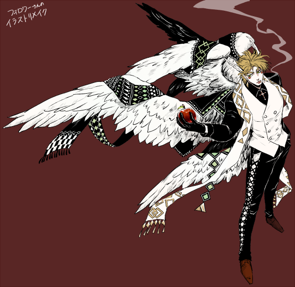 1boy, apple, blonde_hair, caesar_anthonio_zeppeli, cigarette, food, fruit, gloves