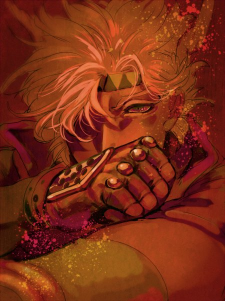 1boy, caesar_anthonio_zeppeli, facial_mark, feathers, fingerless_gloves, gloves, hair_feathers, headband