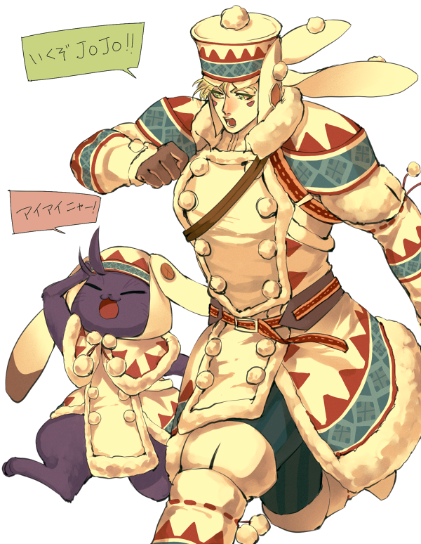 2boys, :3, animal_ears, caesar_anthonio_zeppeli, fake_animal_ears, felyne, jojo_no_kimyou_na_bouken, joseph_joestar_(young), lagombi_(armor), looking_at_another, male_focus, monster_hunter, multiple_boys, rabbit_ears, simple_background, sujiko_(125motimoti), white_background