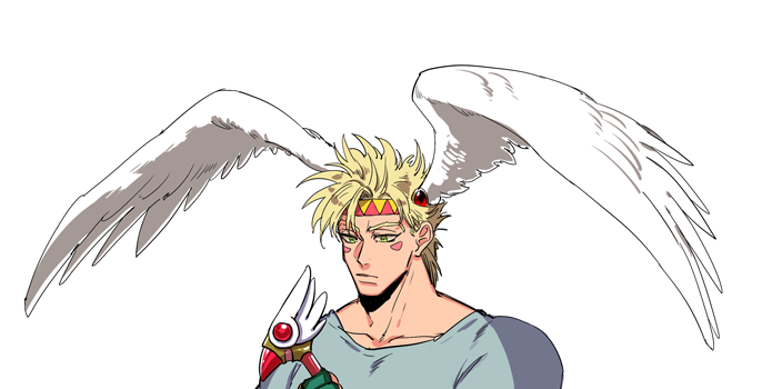 1boy, caesar_anthonio_zeppeli, card_captor_sakura, facial_mark, fuuin_no_tsue, green_eyes, head_wings, headband, jojo_no_kimyou_na_bouken, male_focus, parody, solo, sujiko_(125motimoti)