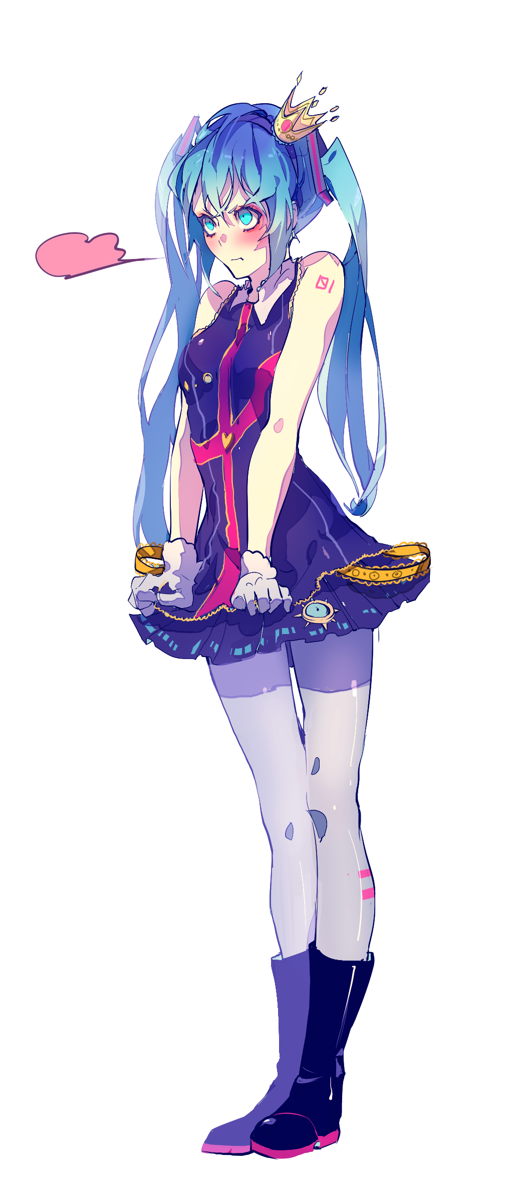 1girl, absurdres, black_boots, blue_eyes, blue_hair, blush, boots, crown