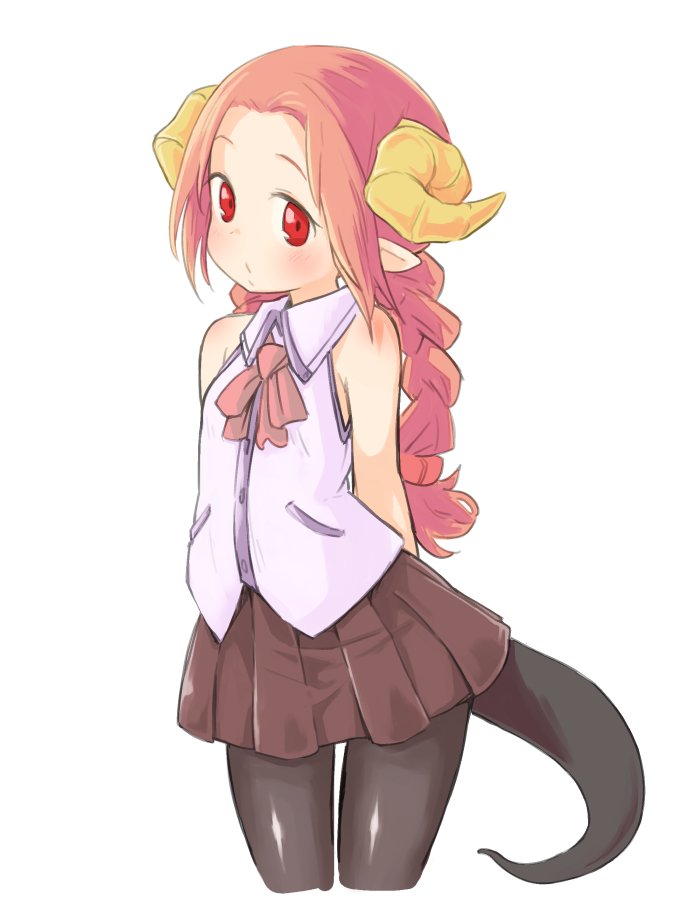 1girl, arms_behind_back, black_legwear, braid, female, horns, mamaru, monster_girl, nezumi_inu, original, pantyhose, pointy_ears, ponytail, red_eyes, simple_background, skirt, solo, tail, white_background