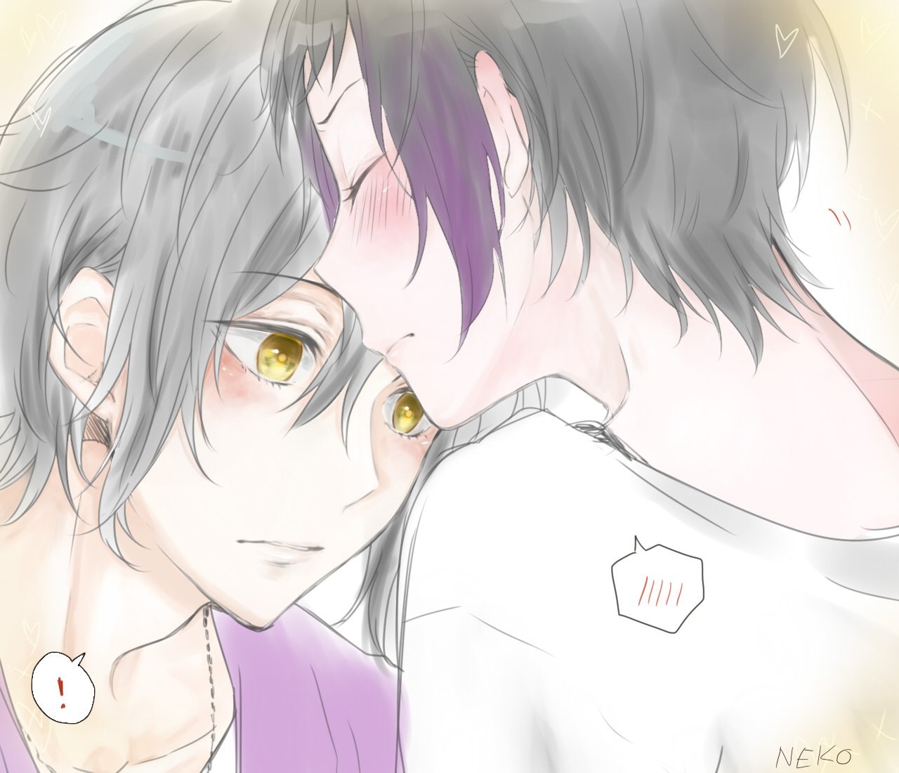 1boy, 1girl, artist_name, black_hair, blush, closed_eyes, couple, forehead_kiss