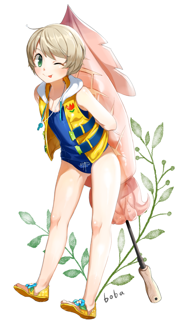 1boy, ;p, blonde_hair, blush, boba, closers, full_body, green_eyes, grey_hair, male_focus, mistilteinn_(closers), one-piece_swimsuit, one_eye_closed, sandals, school_swimsuit, short_hair, solo, swimsuit, tongue, tongue_out, trap, vest