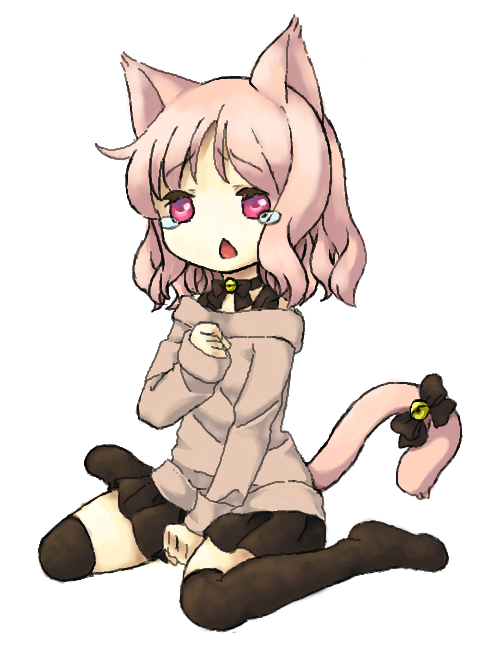 1girl, animal_ears, animal_tail, black_legwear, black_skirt, cat_ears, cat_tail, chibi, choker, diabolik_lovers, full_body, hand_on_chest, jiecaoshu, komori_yui, legwear, looking_at_viewer, miniskirt, off-shoulder_sweater, on_floor, open_mouth, pink_eyes, pleated_skirt, simple_background, sitting, skirt, solo, sweater, tail, tears, thigh-highs, wariza, white_background