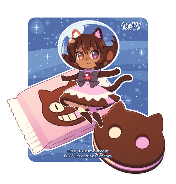 1girl, animal_ears, boots, bow, brown_boots, brown_hair, cake, cat, chibi, cookie_cat_(steven_universe), dav-19, floating, food, gem, helmet, signature, star_(sky), steven_universe, violet_eyes, watermark, web_address, yellow_eyes