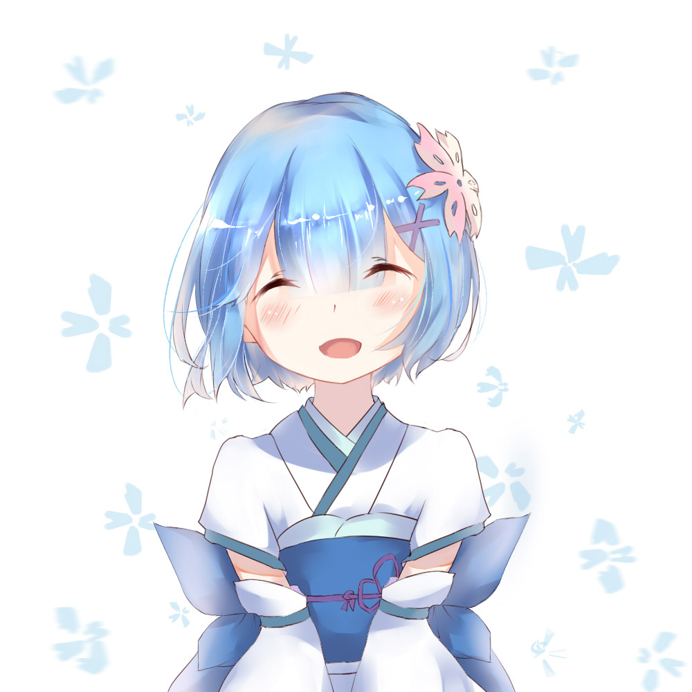 1girl, blue_hair, blush, closed_eyes, detached_sleeves, hair_ornament, japanese_clothes, obi