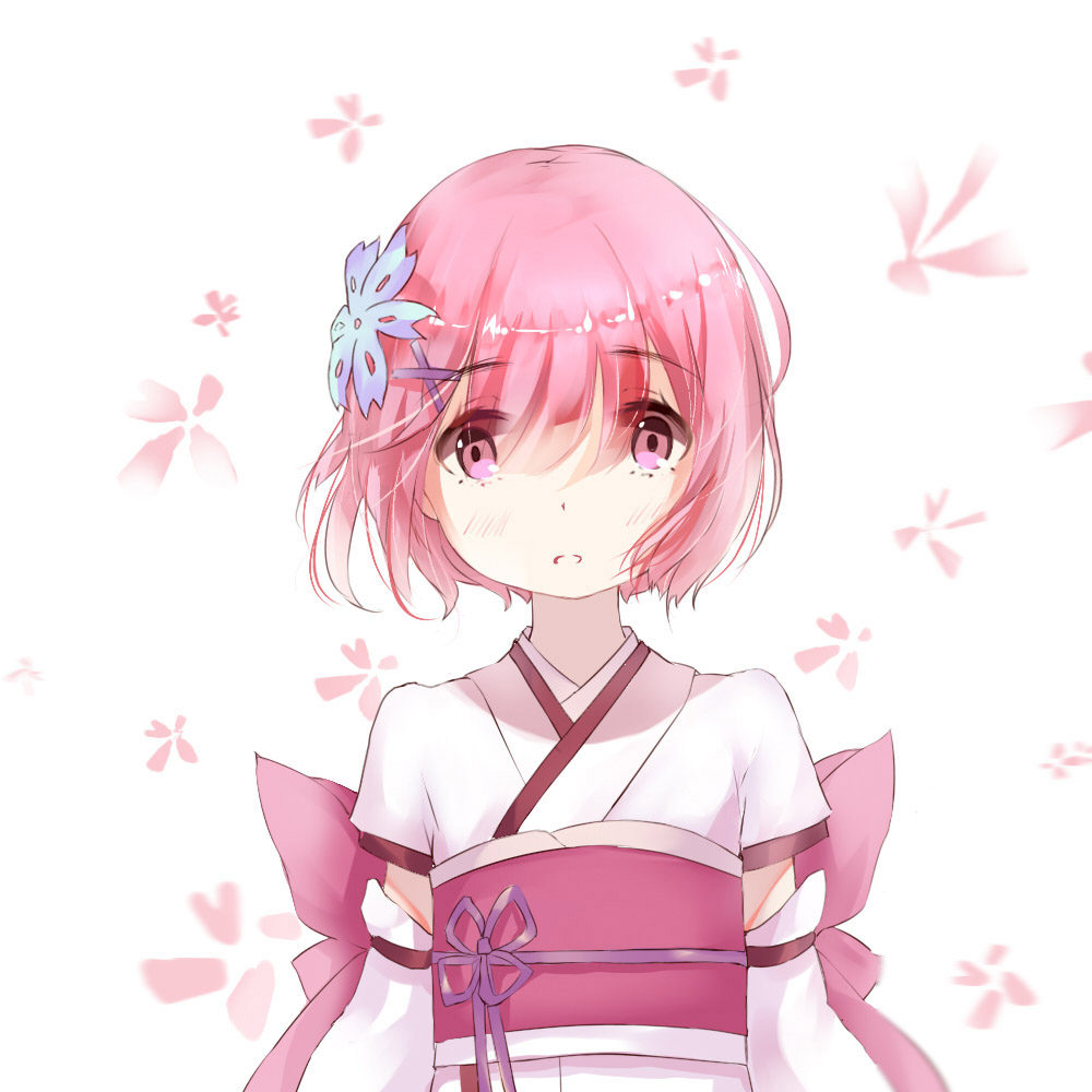 1girl, :o, detached_sleeves, hair_between_eyes, hair_ornament, japanese_clothes, looking_at_viewer, obi